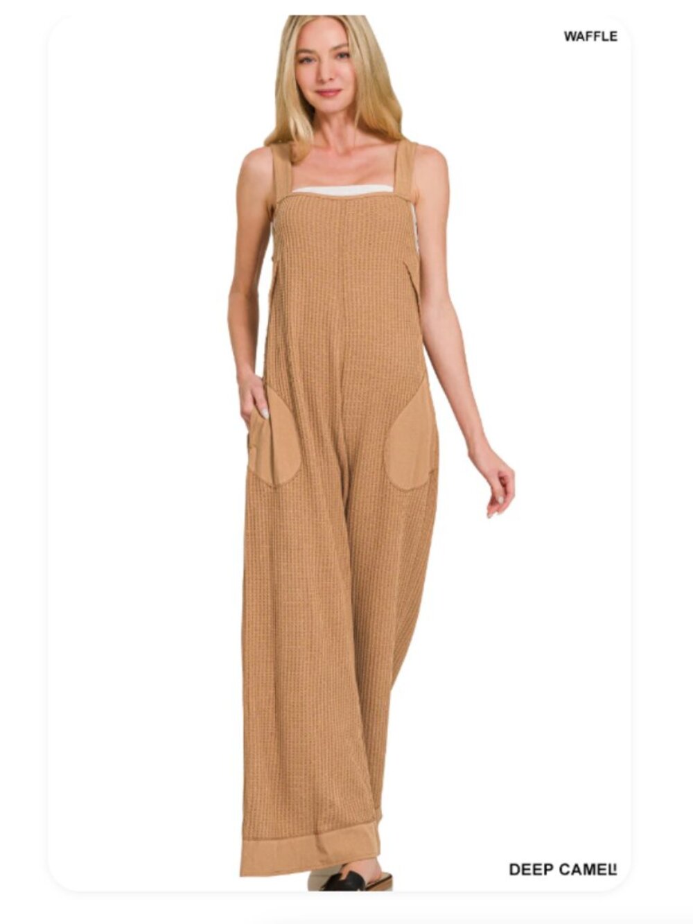 Zenana Wide-Leg Ribbed waffle knit Jumpsuit in Camel